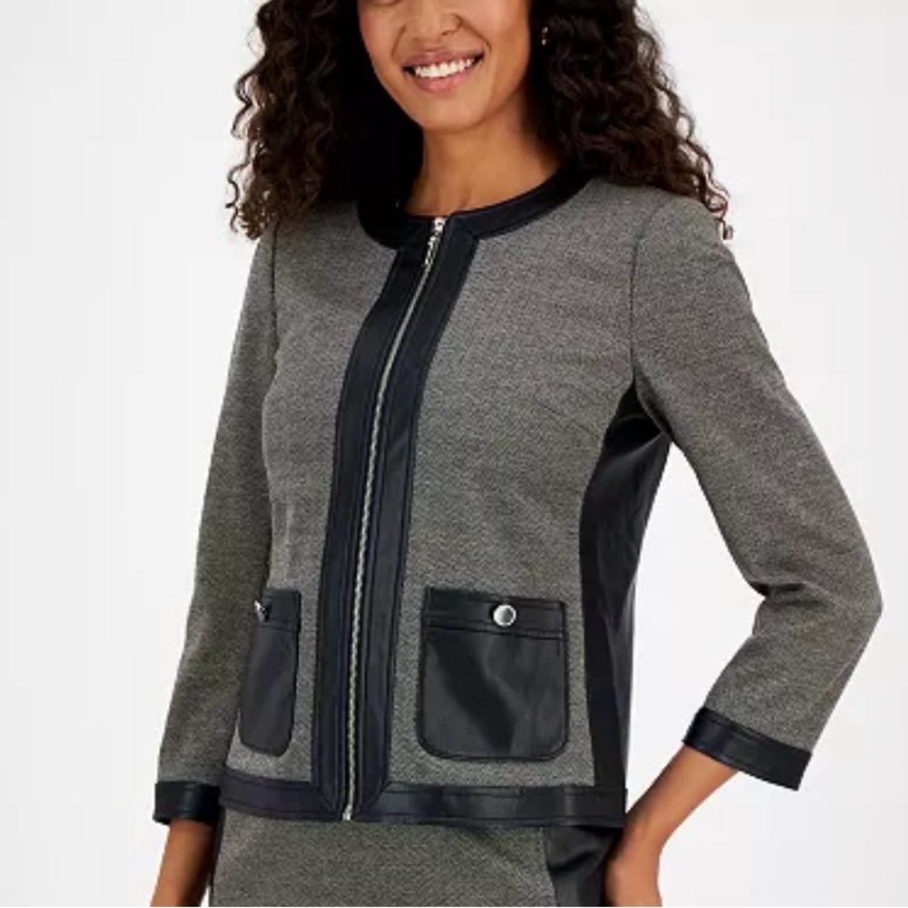 Kasper Women's Faux-Leather-Trim Herringbone Jacket Black/Toffee Size 6